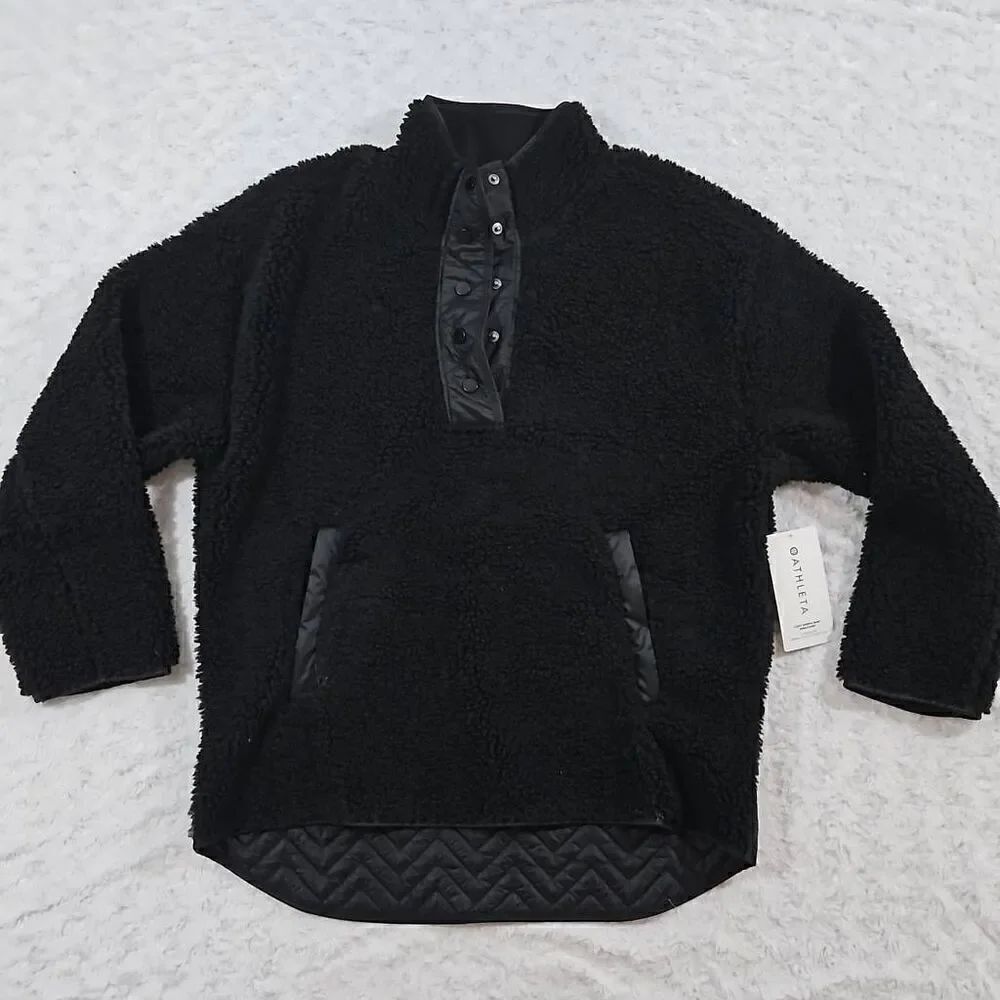 Athleta Cozy Sherpa Snap Sweatshirt Black 466888 Womens Size Large New With Tags